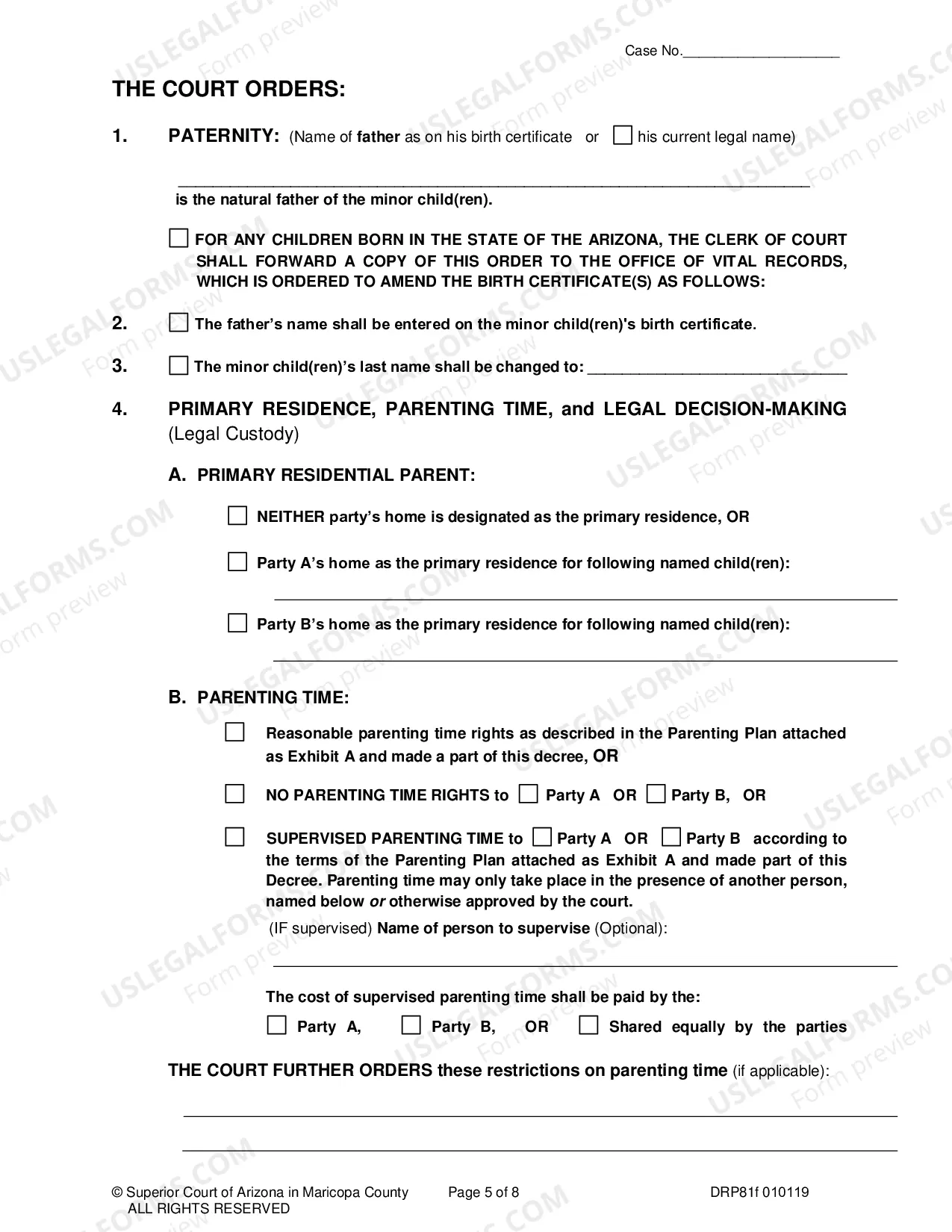 Preview Order For Paternity, Legal Decision Making (Custody), Parenting Time and Support