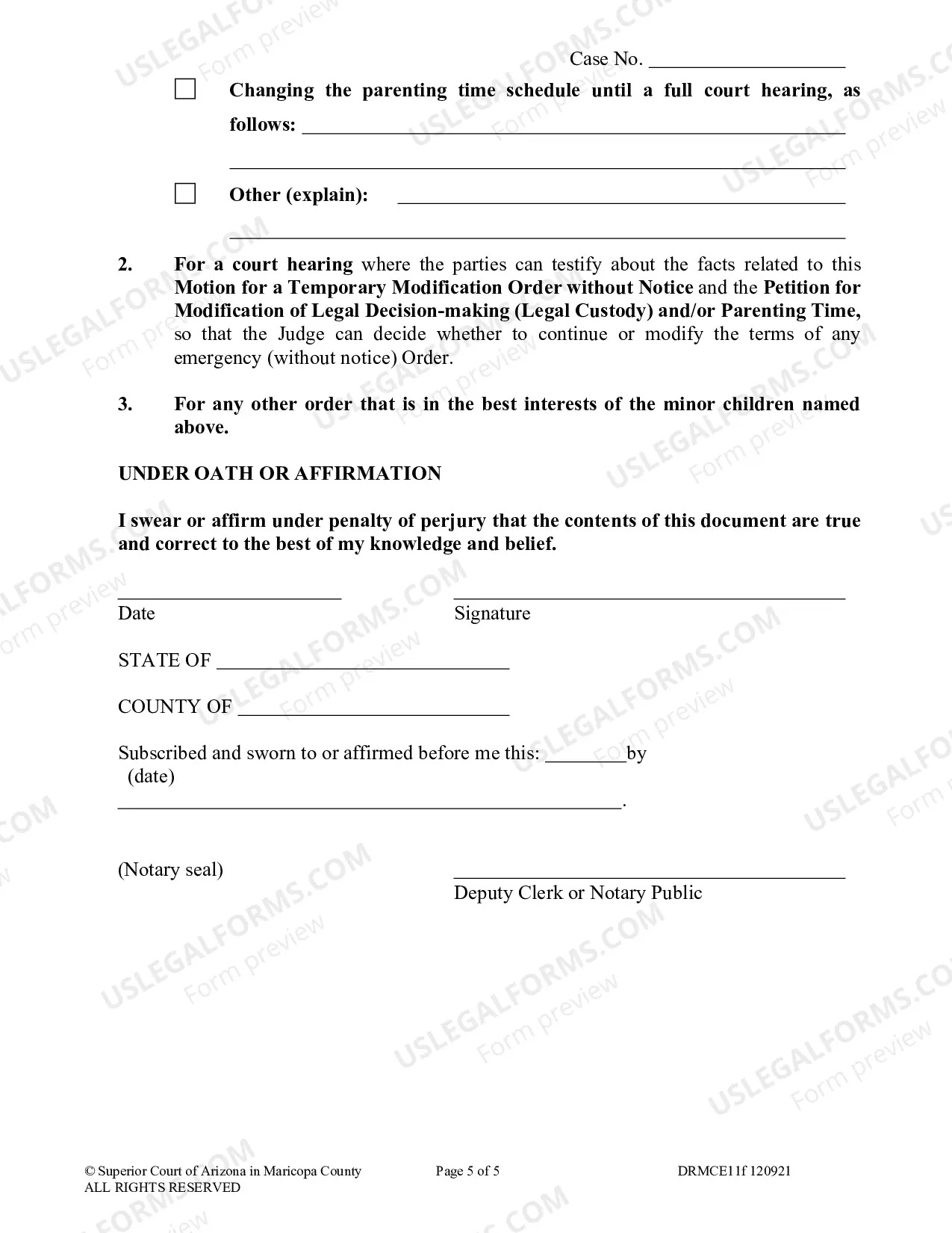 Preview Motion For Post-Decree Temporary Order Without Notice For Modification Of Child Custody Parenting Time Or Other