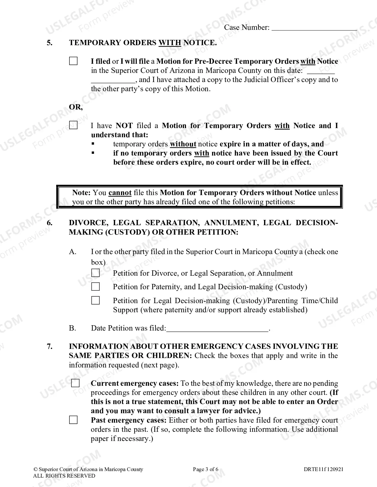 Preview Motion For Pre-Decree Temporary Order Without Notice For Legal Decision Making And Physical Custody