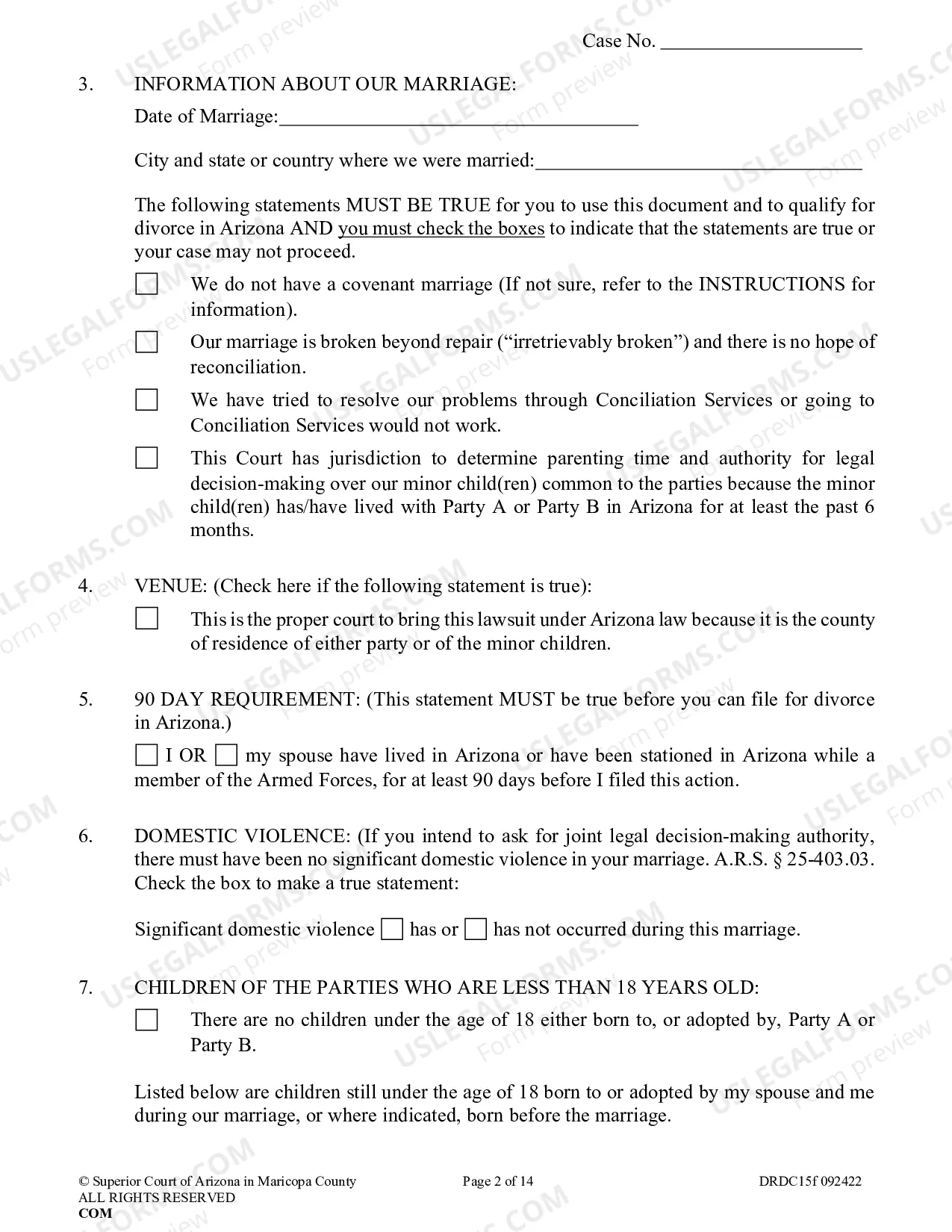 Preview Petition For Dissolution Of Non Covenant Marriage With Minor Children