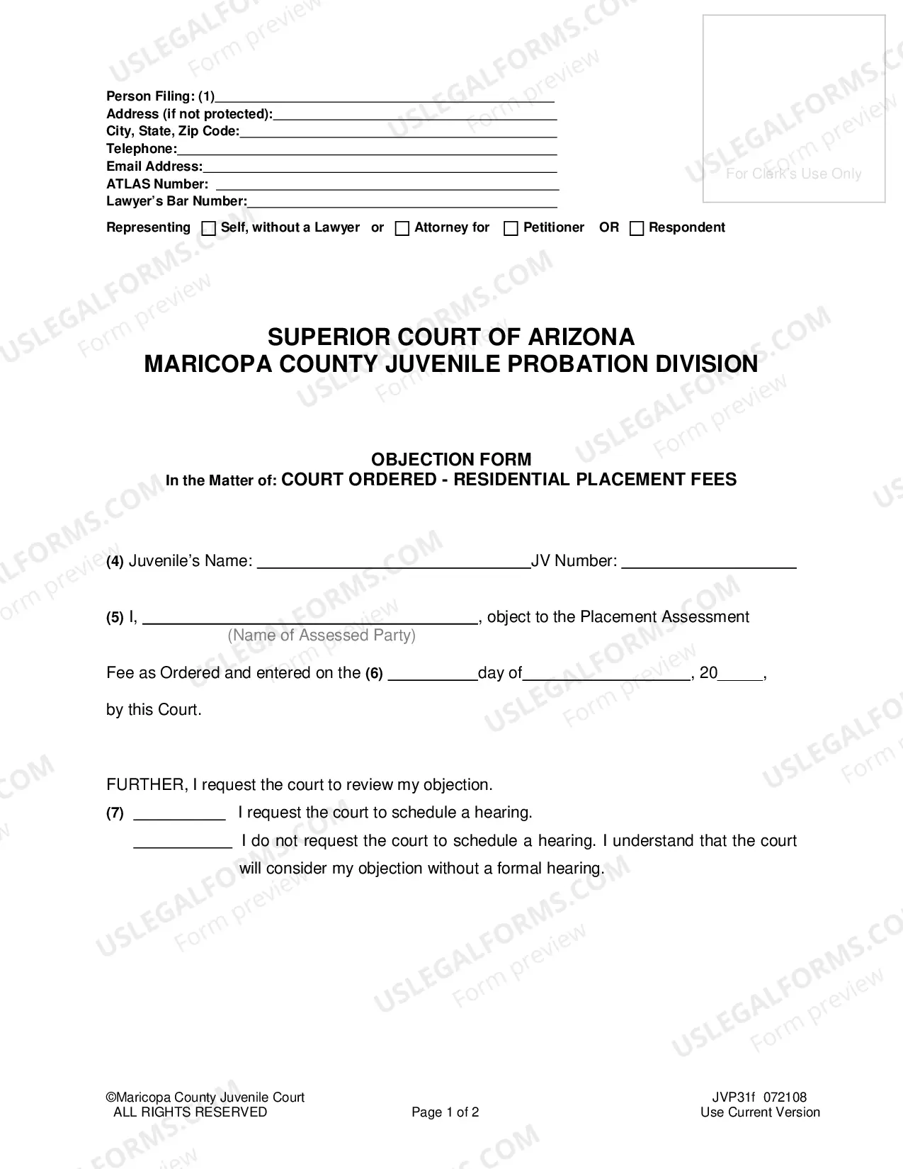 Preview Objection to Court Ordered Residential Placement fees (form and instructions to complete form