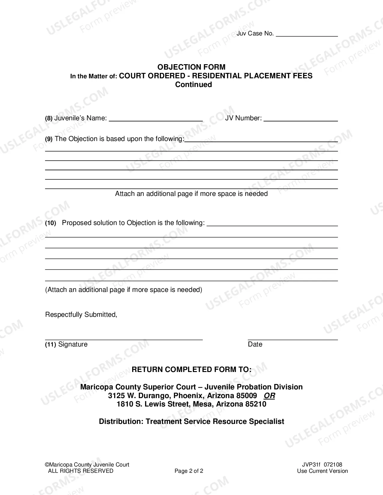 Preview Objection to Court Ordered Residential Placement fees (form and instructions to complete form
