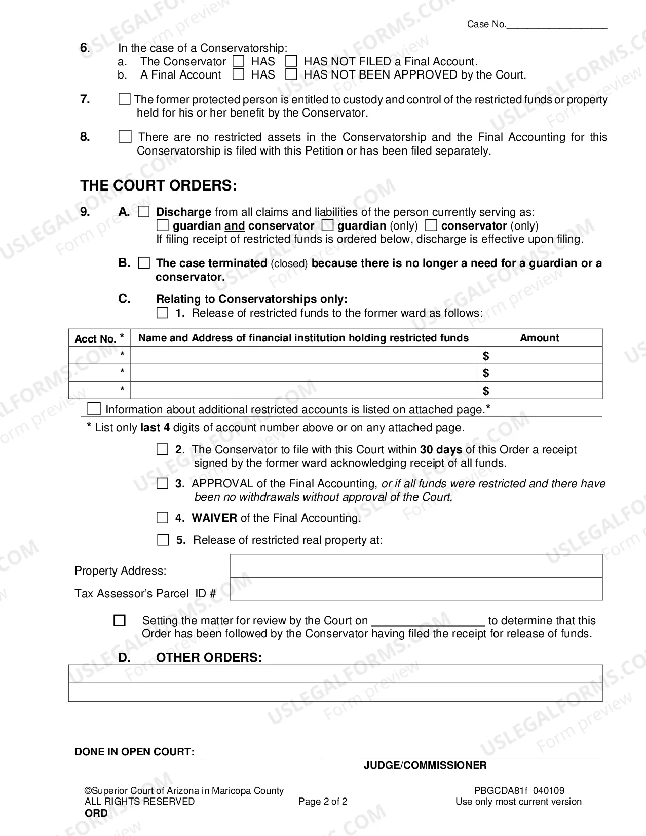 Preview Order Regarding Petition For Termination And Or Discharge And Or Release Of Funds In The Matter Of A Protected Adult