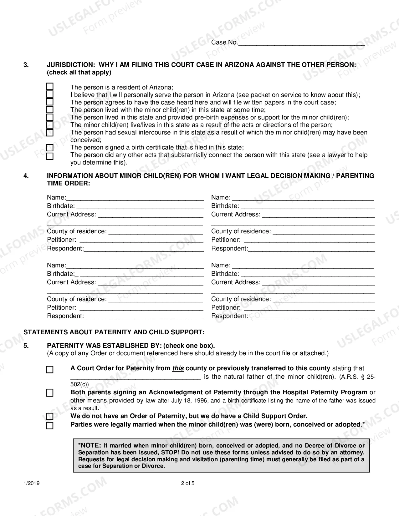 Preview Petition to Establish Legal Decision Making, Parenting Time and Child Support