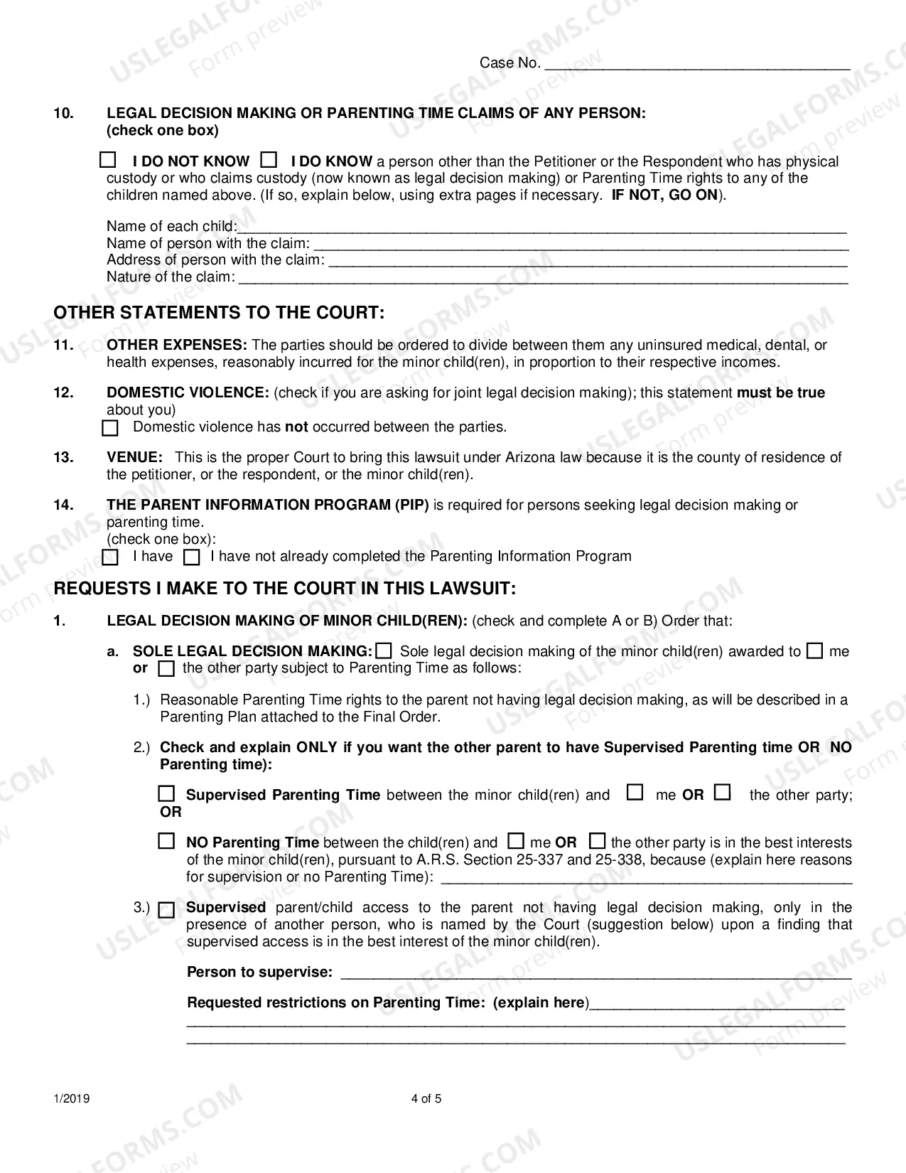 Preview Petition to Establish Legal Decision Making, Parenting Time and Child Support