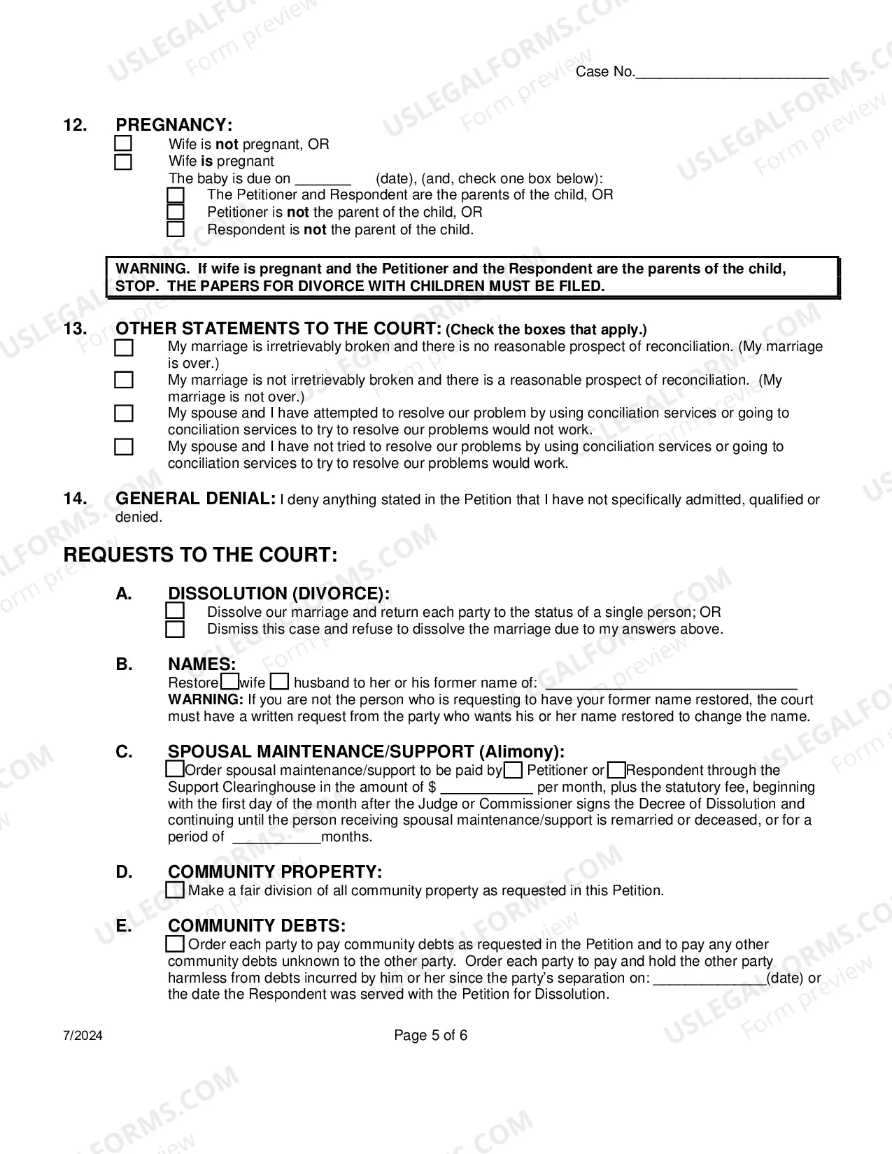 Preview Response To Petition For Dissolution Of Non-Covenant Marriage Divorce) Without Children