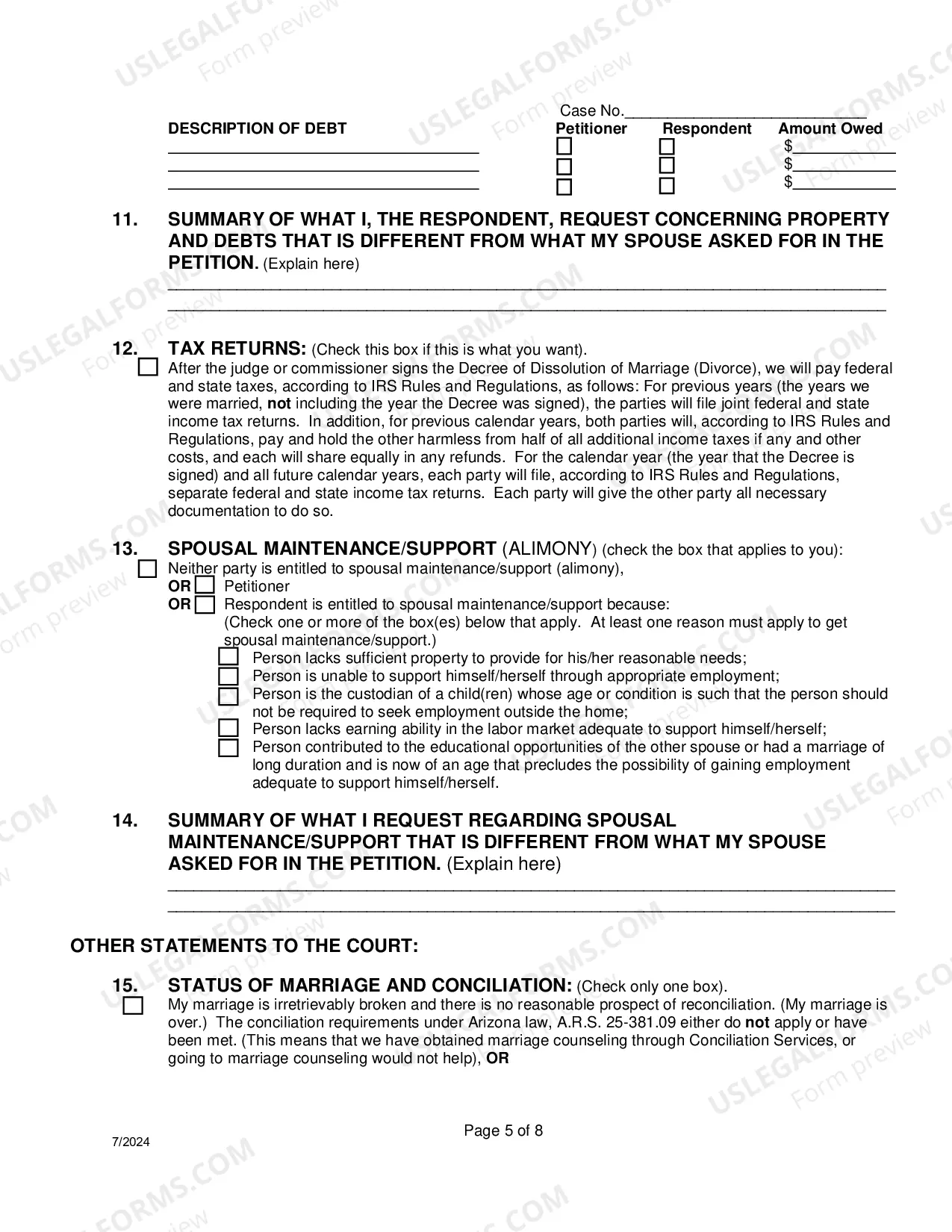 Preview Response To Petition For Dissolution Of Non-Covenant Marriage (Divorce) With Children