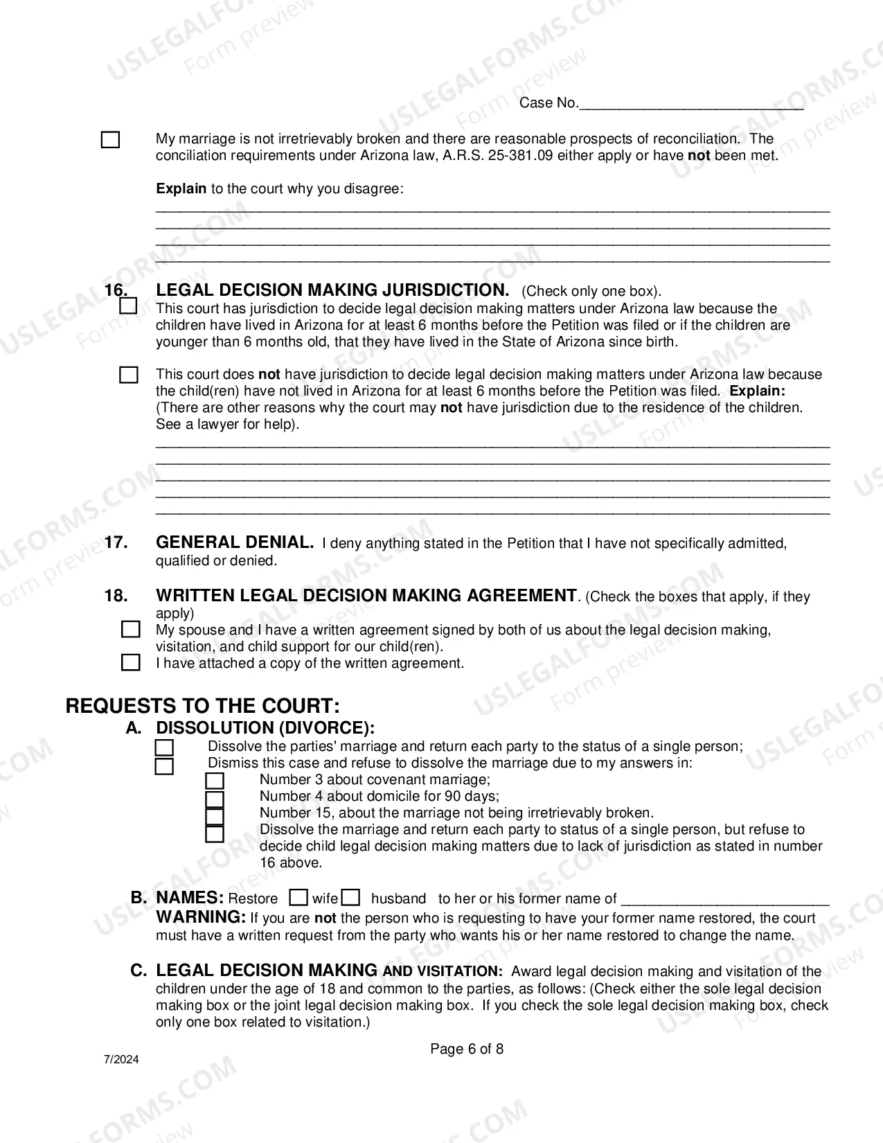 Preview Response To Petition For Dissolution Of Non-Covenant Marriage (Divorce) With Children