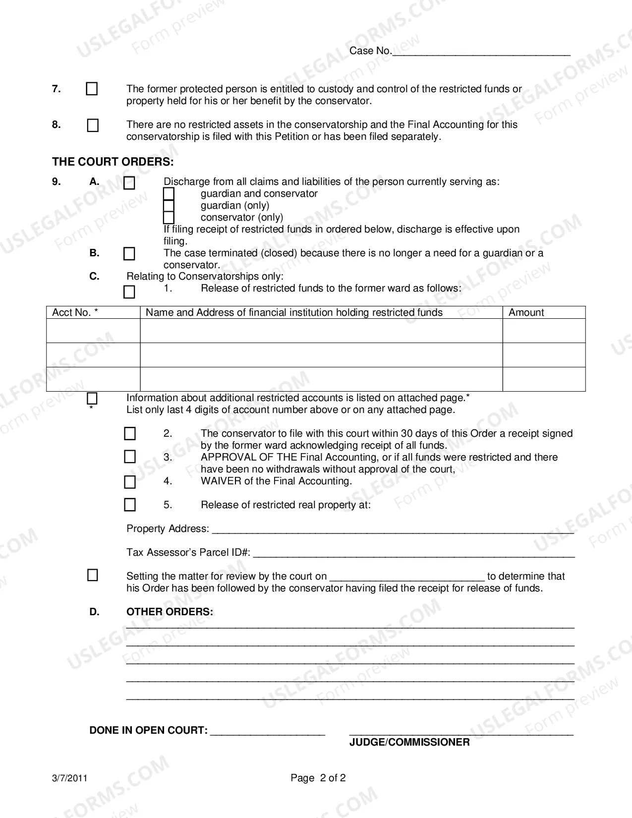 Preview Order Regarding Petition For Discharge And Or Termination And Or Release Of Funds In The Matter Of A Protected Adult