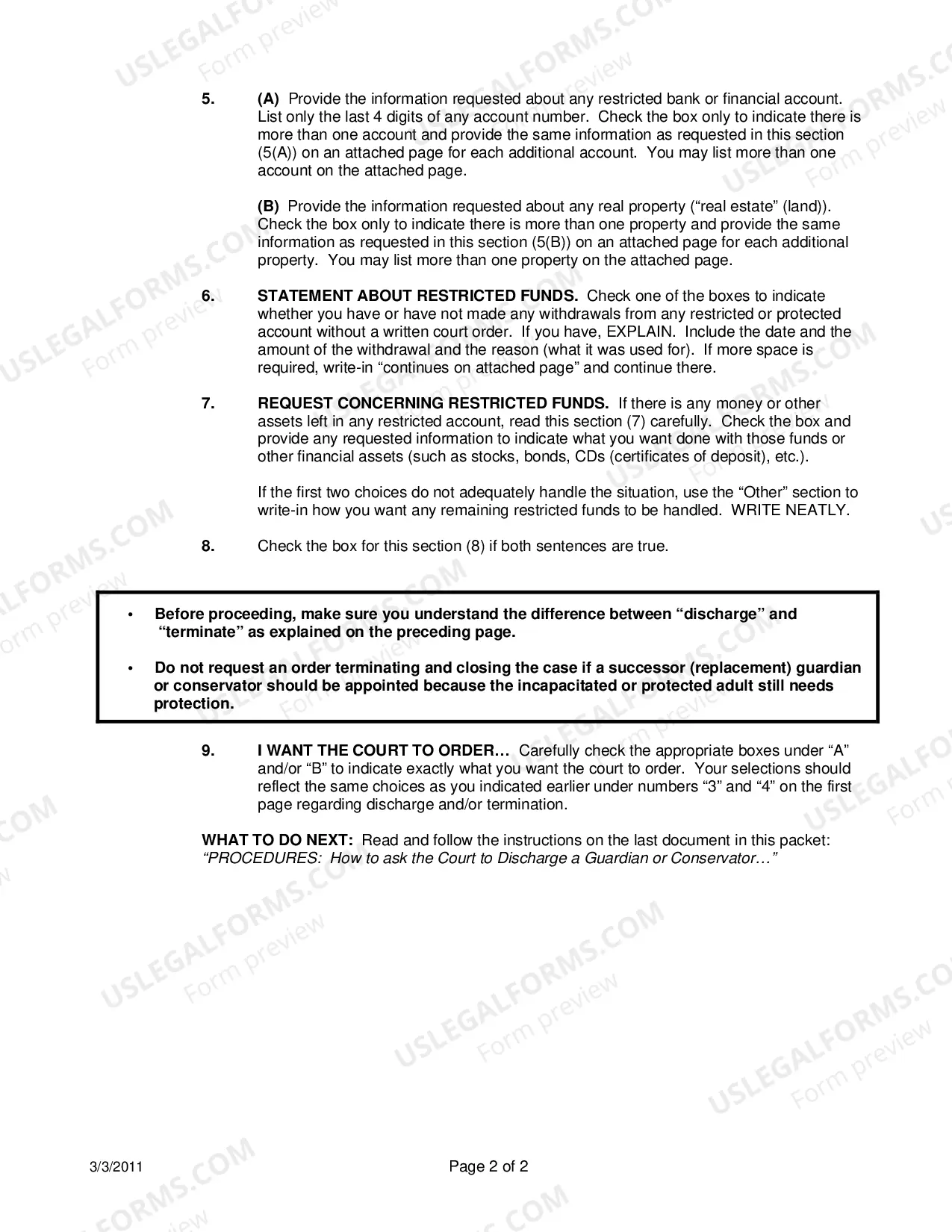 Preview Instructions: How to Fill Out the Petition for Discharge and/or Termination in a Case of Guardian/Conservatorship of an Adult