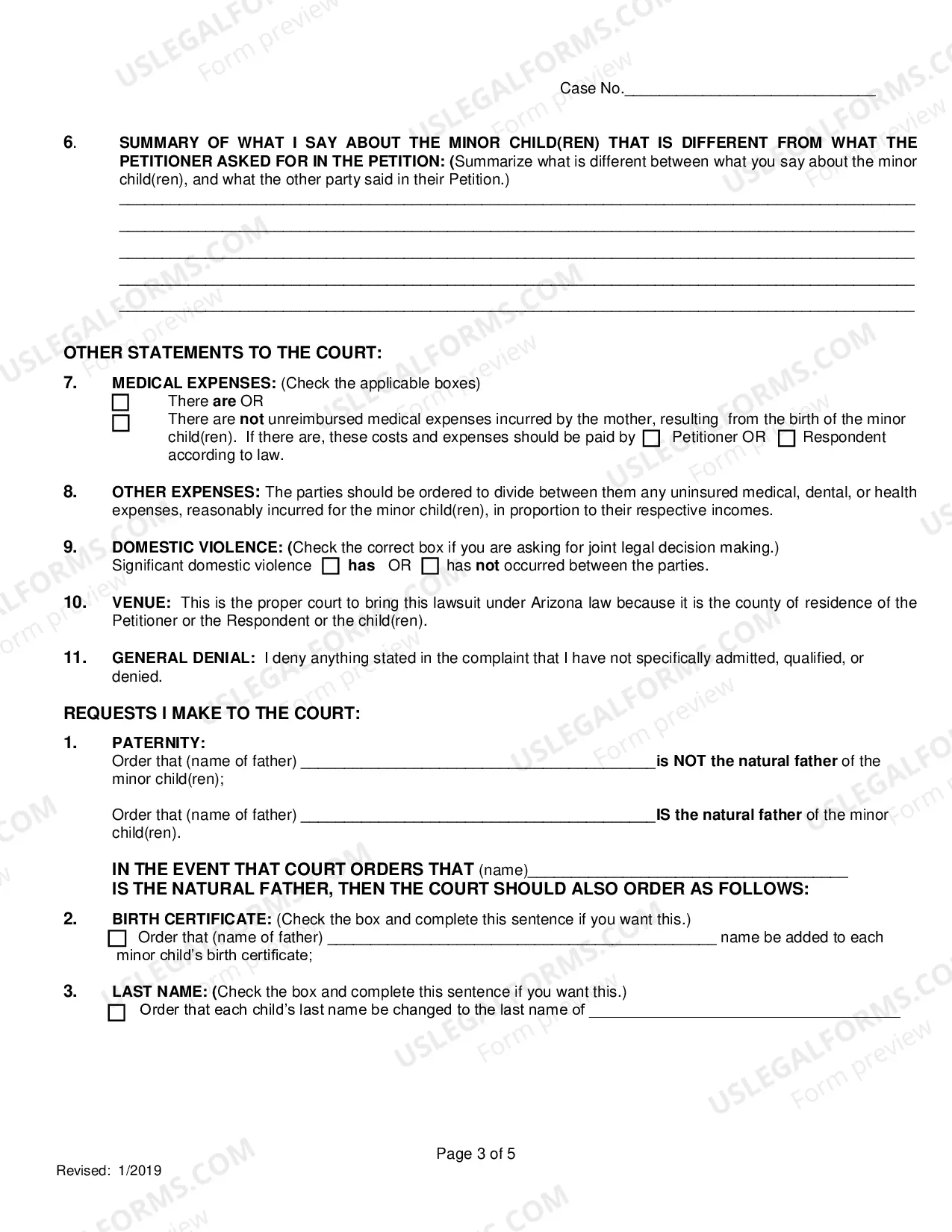 Preview Response To Petition To Establish Paternity Child Custody And Parenting Time