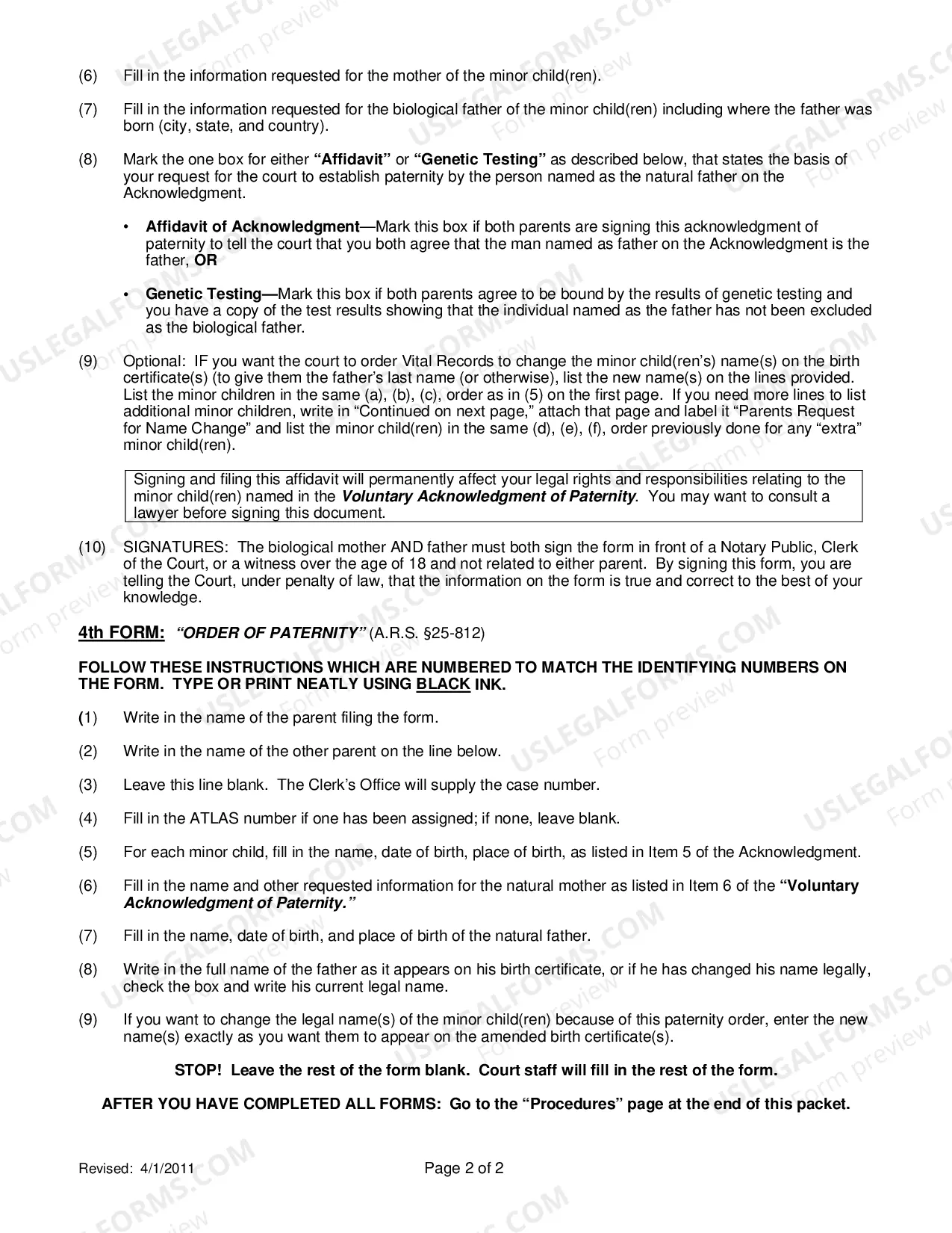 Preview Voluntary Acknowledgment of Paternity Instructions