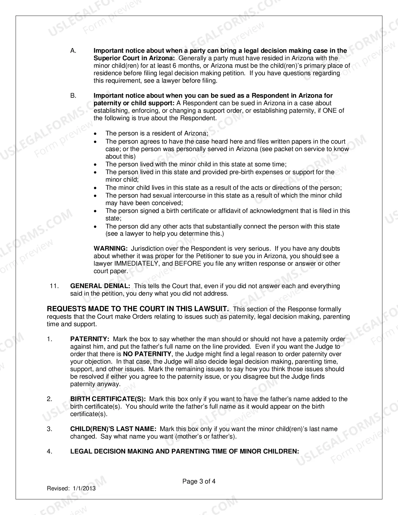 Preview Instructions: How to Fill Out Forms to Respond to a Petition to Establish Paternity, Legal Decision Making and Parenting Time