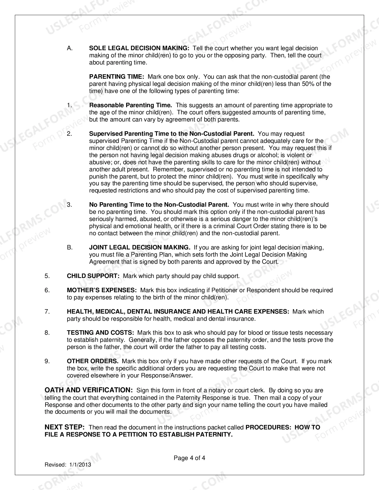 Preview Instructions: How to Fill Out Forms to Respond to a Petition to Establish Paternity, Legal Decision Making and Parenting Time