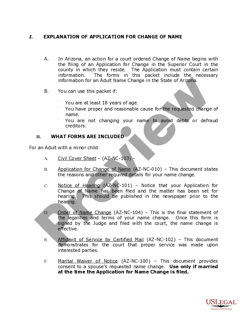 Preview Arizona Name Change Instructions and Forms Package for an Adult