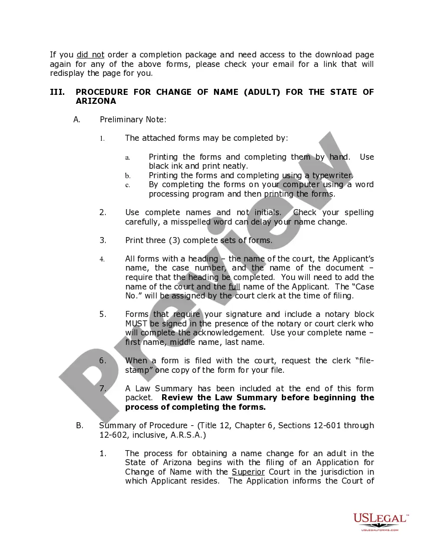 Preview Arizona Name Change Instructions and Forms Package for an Adult