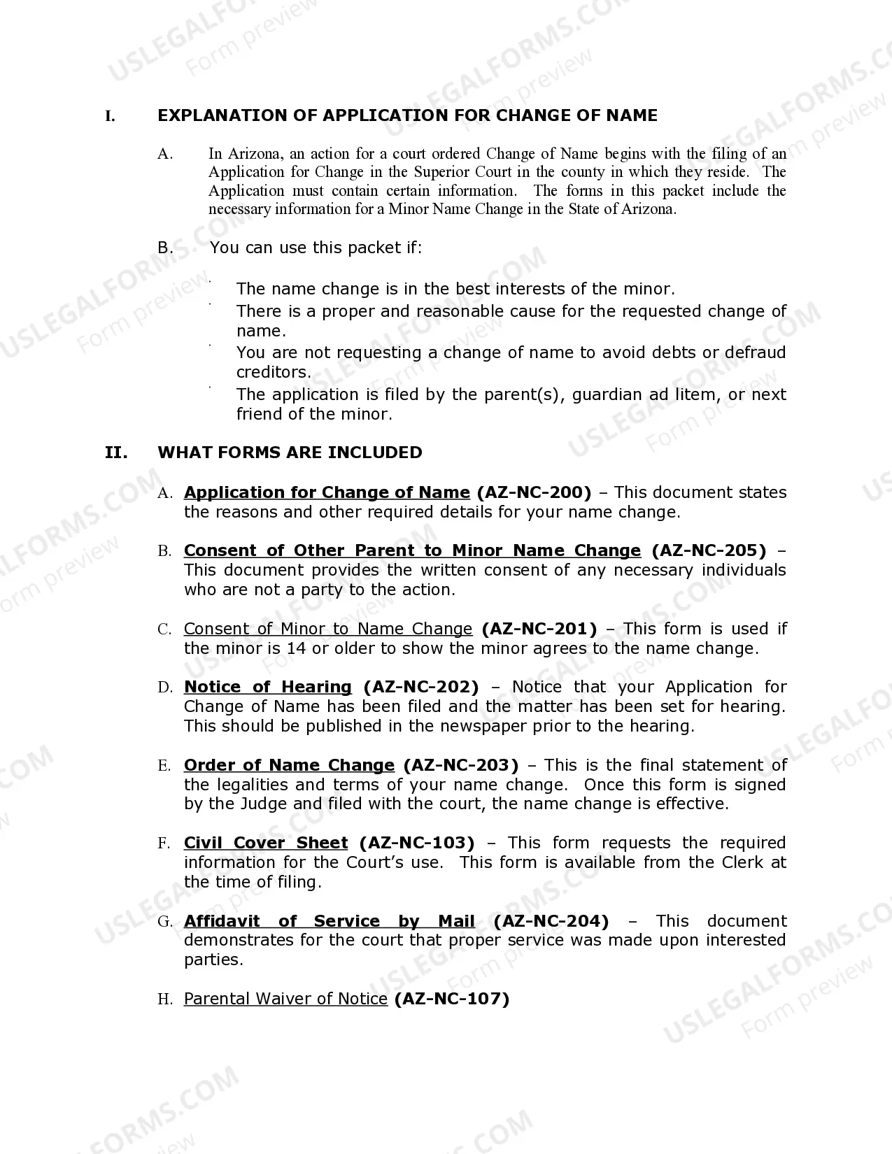 Preview Arizona Name Change Instructions and Forms Package for a Minor