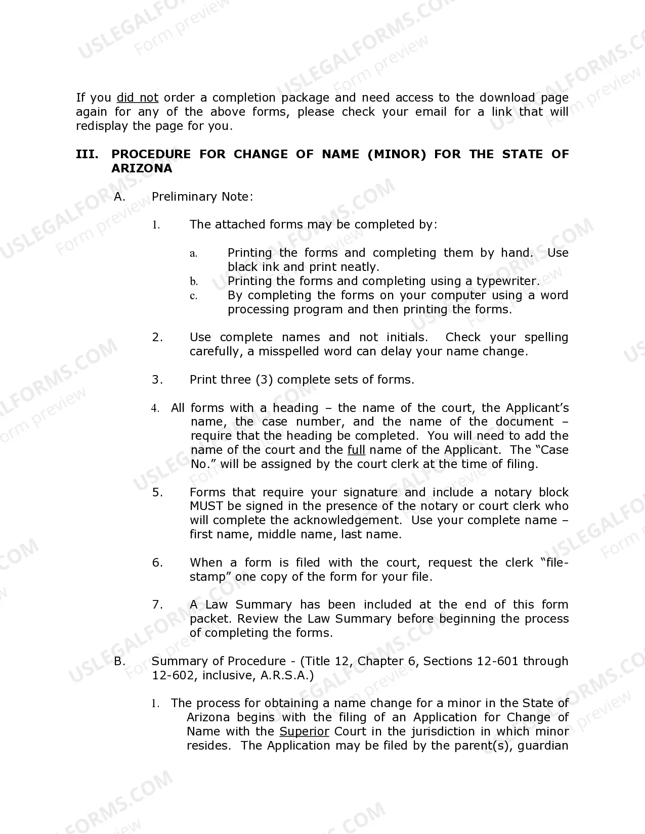 Preview Arizona Name Change Instructions and Forms Package for a Minor
