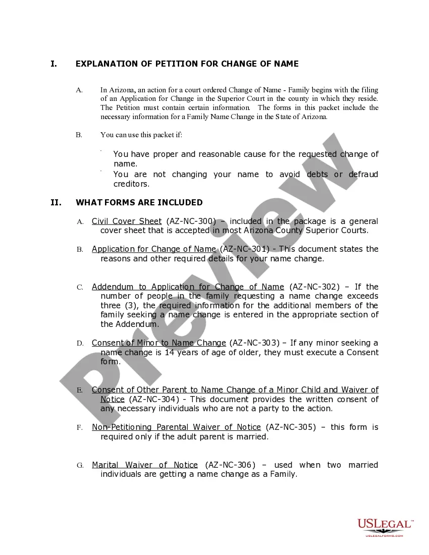 Preview Arizona Name Change Instructions and Forms Package for a Family