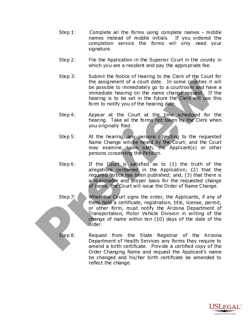 Preview Arizona Name Change Instructions and Forms Package for a Family