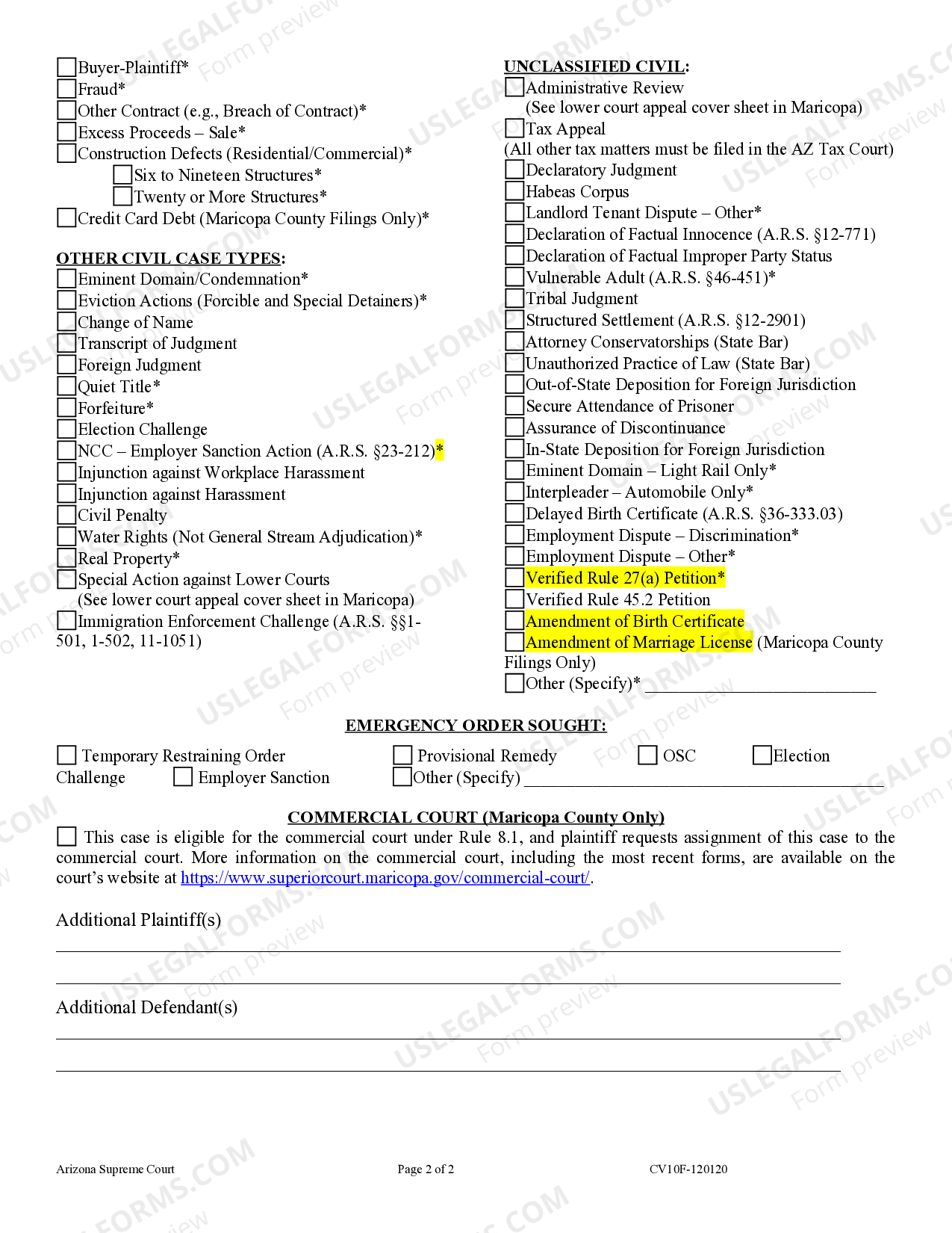 Arizona Civil Cover Sheet for Name Change Legal Name Change Arizona