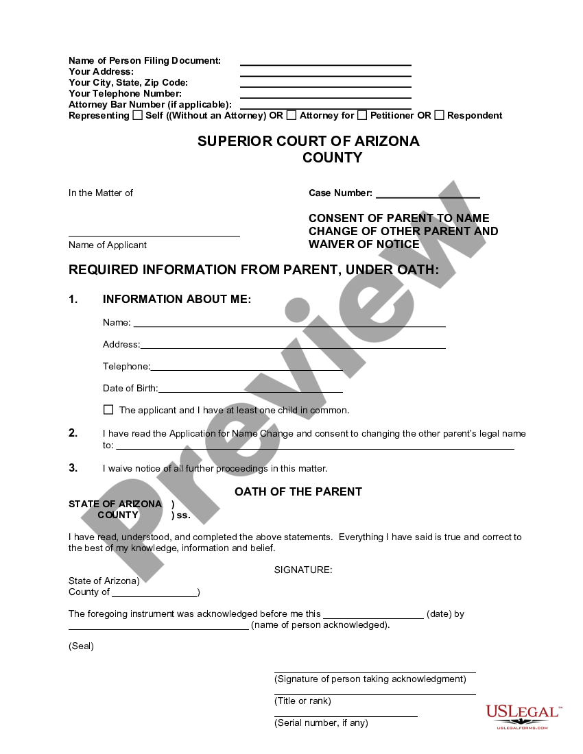 Arizona Consent of Parent to Name Change of other parent and waiver of ...