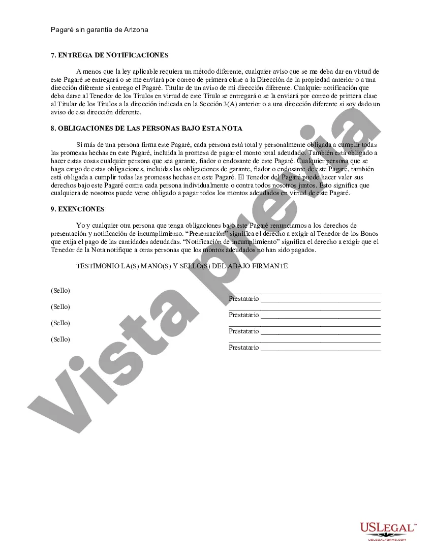 Preview Pagaré de pago a plazos no garantizado de Arizona para tasa fija