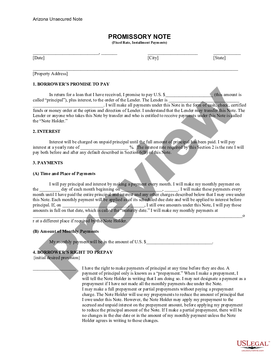 form Arizona Unsecured Installment Payment Promissory Note for Fixed Rate preview