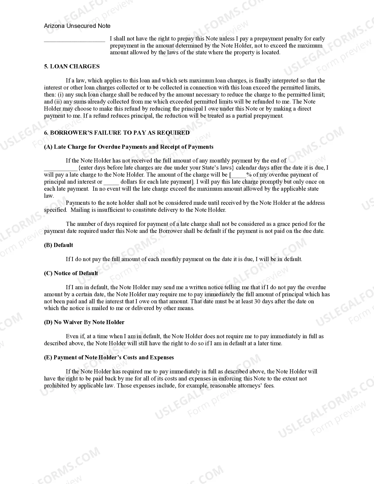 Preview Arizona Unsecured Installment Payment Promissory Note for Fixed Rate