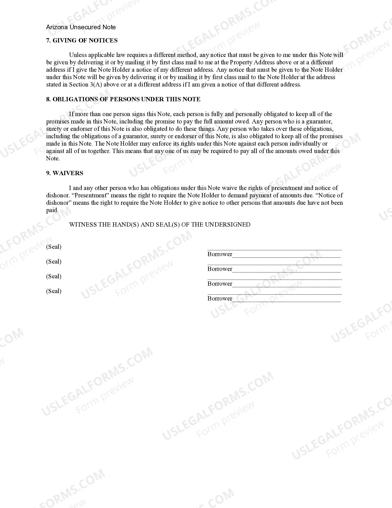 Preview Arizona Unsecured Installment Payment Promissory Note for Fixed Rate