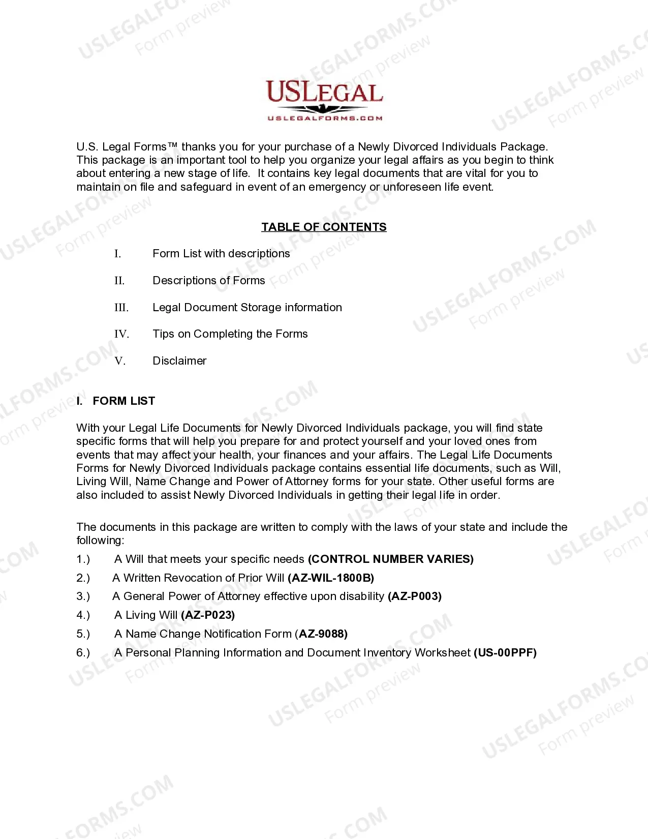 Preview Arizona Newly Divorced Individuals Package