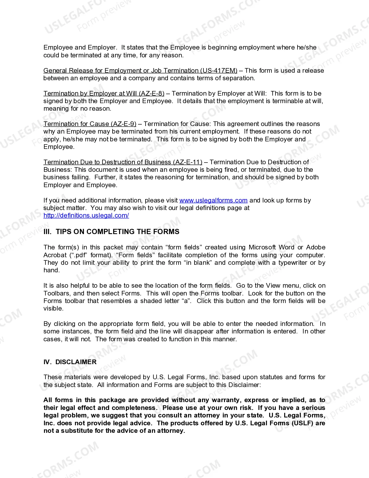 Preview Arizona Employment Termination Package