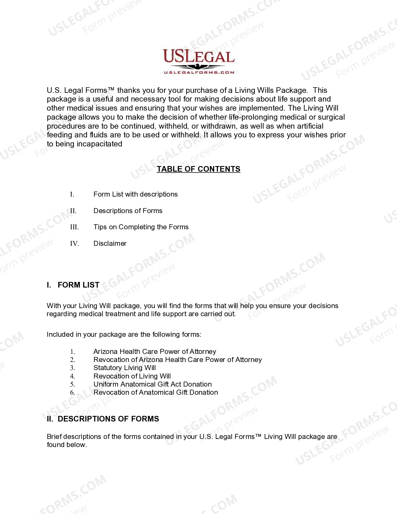 Preview Arizona Living Wills and Health Care Package