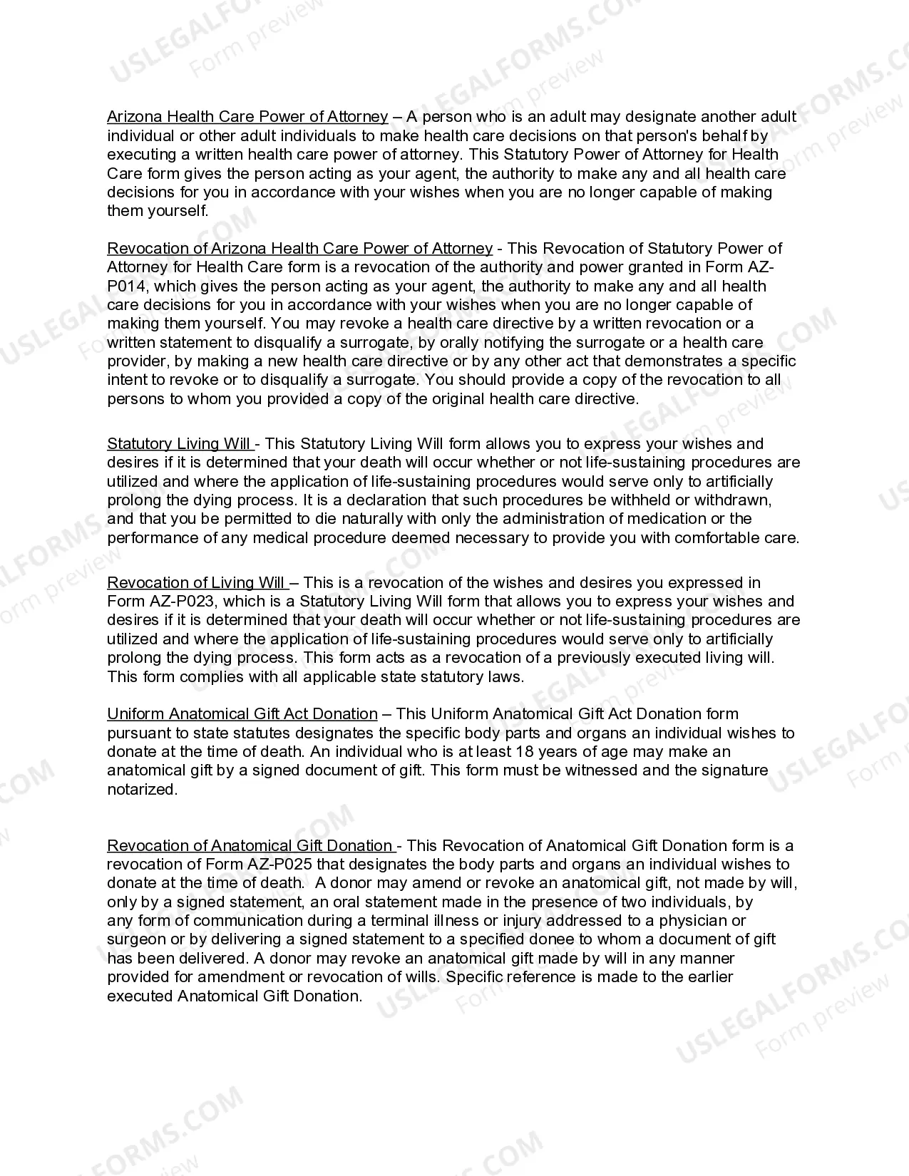 Preview Arizona Living Wills and Health Care Package