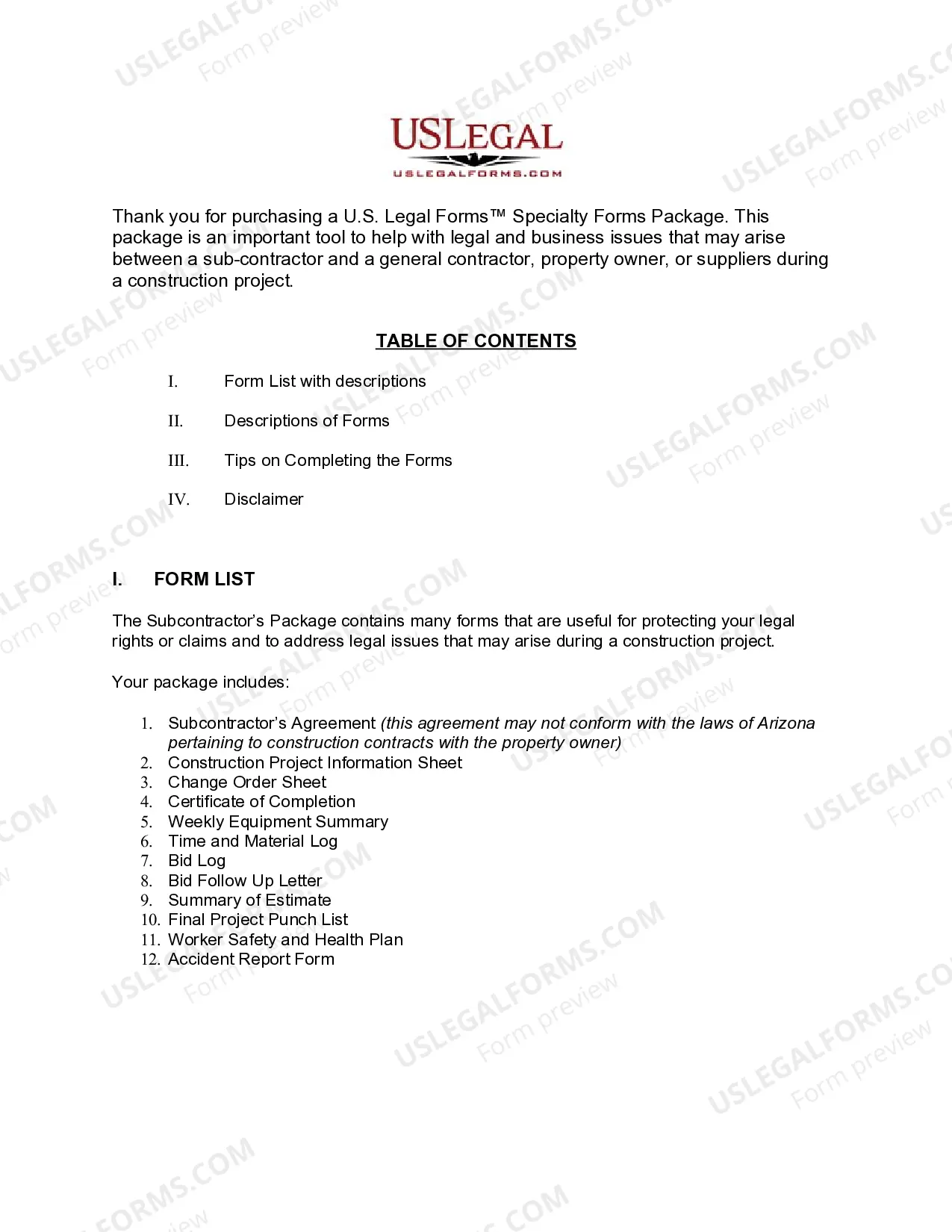 Preview Arizona Subcontractors Package