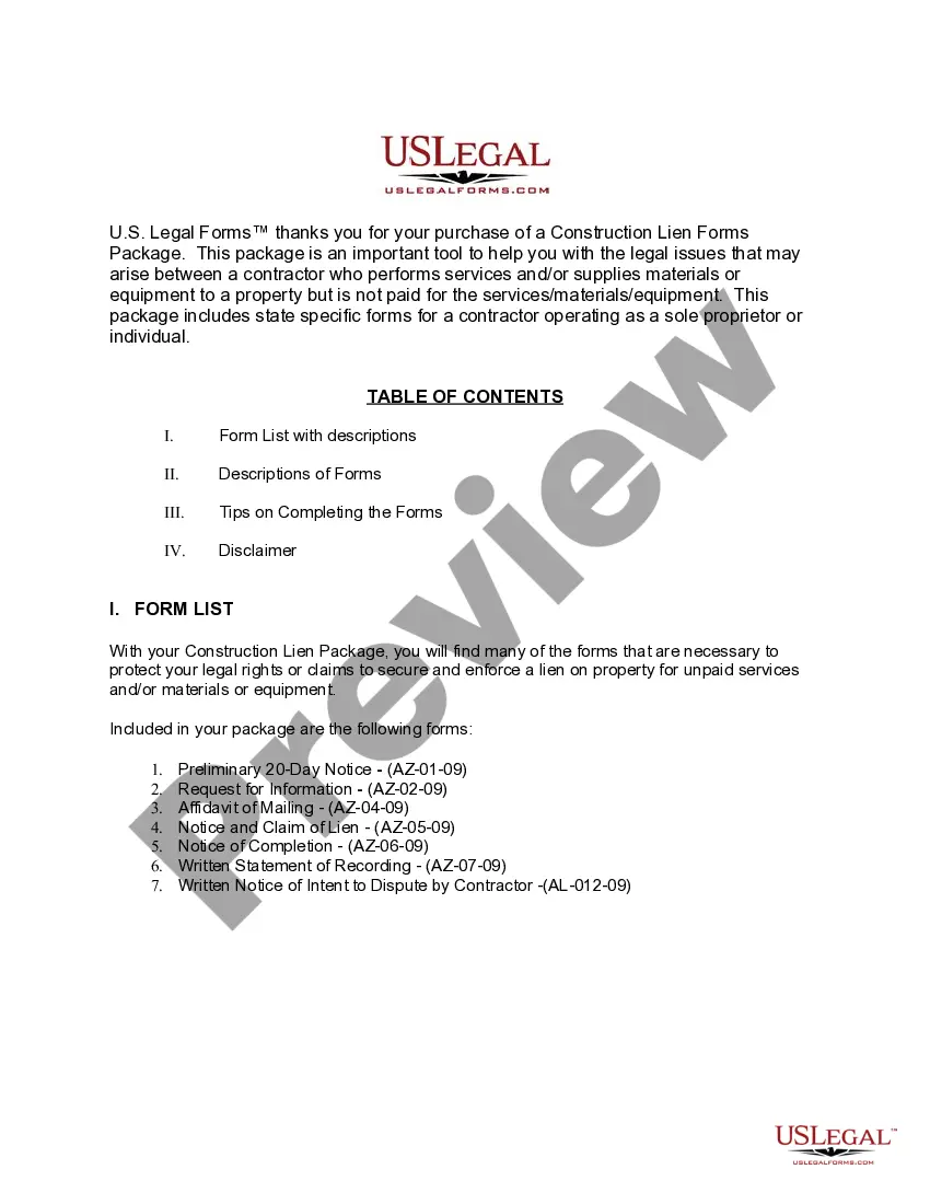 Preview Arizona Construction or Mechanics Lien Package - Individual