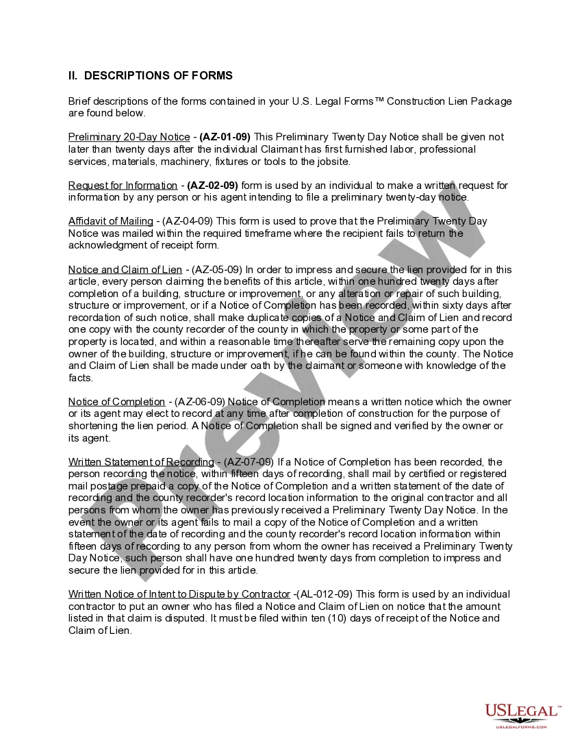 Preview Arizona Construction or Mechanics Lien Package - Individual