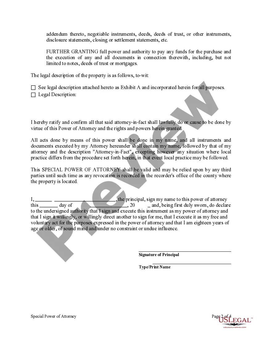 Preview Special or Limited Power of Attorney for Real Estate Purchase Transaction by Purchaser