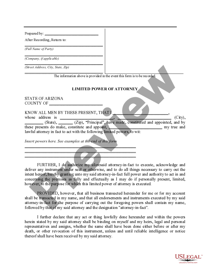 Arizona Limited Power of Attorney where you Specify Powers with Sample