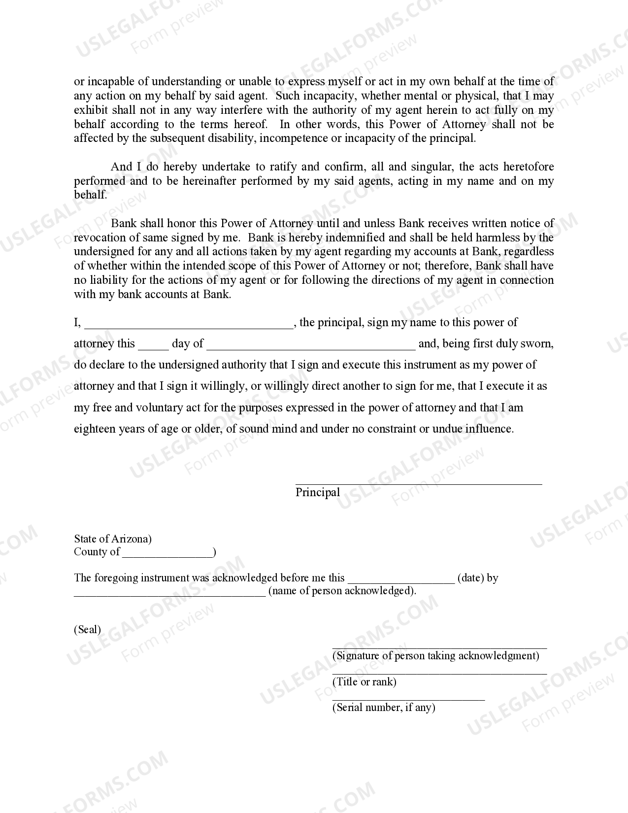 Glendale Arizona Special Durable Power of Attorney for Bank Account