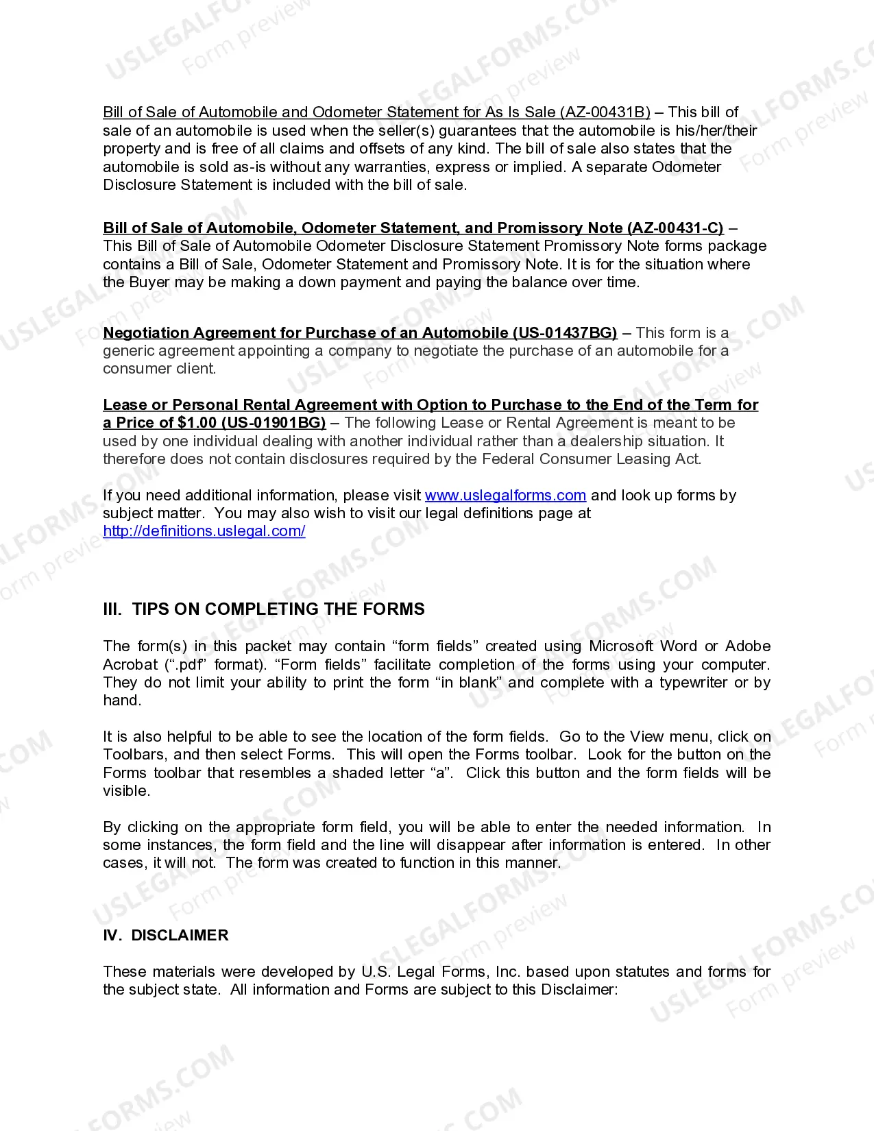 Preview Arizona Automobile Bill of Sale Package