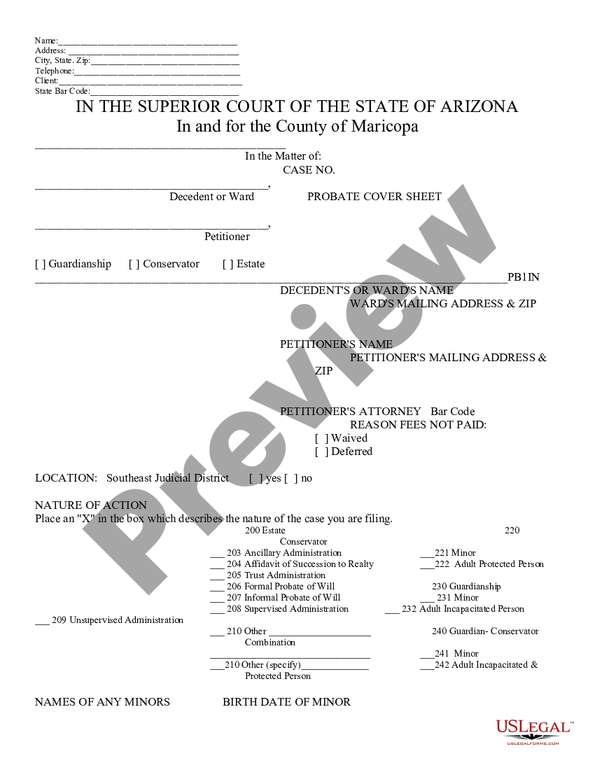 Arizona Probate Cover Sheet Probate Cover US Legal Forms