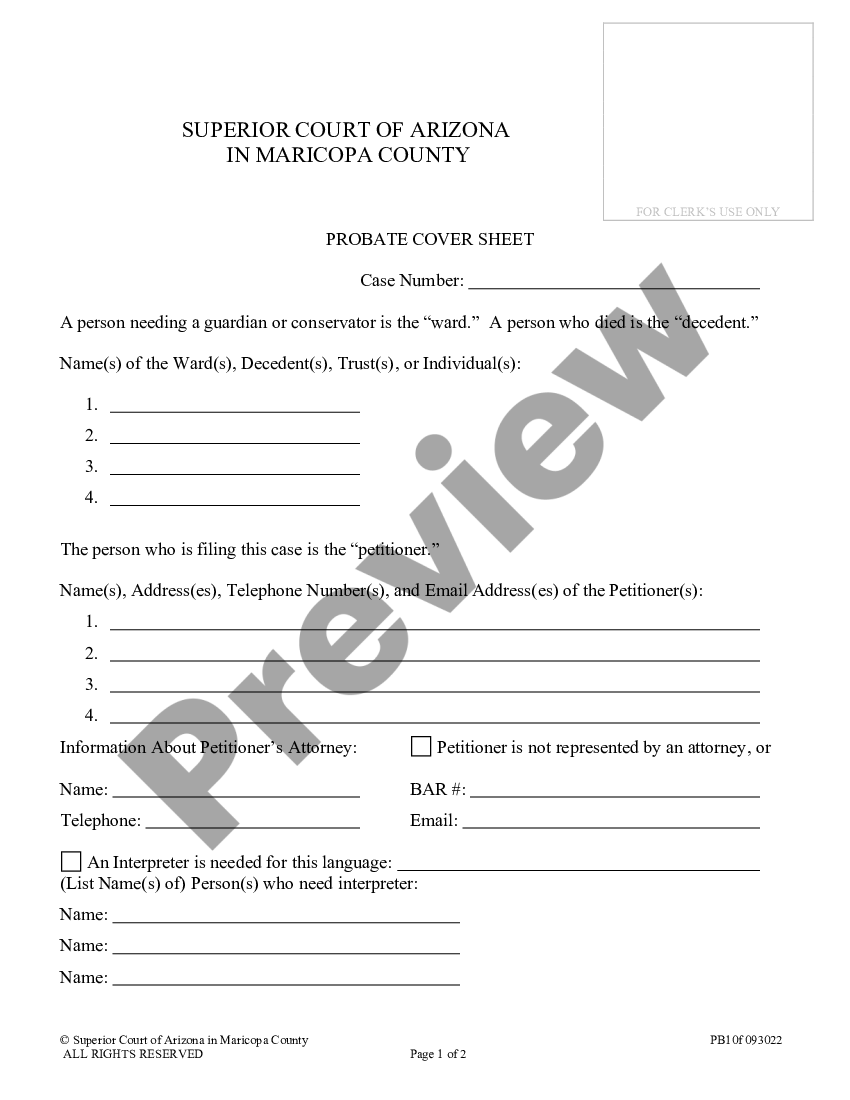 Arizona Probate Cover Sheet Probate Cover US Legal Forms