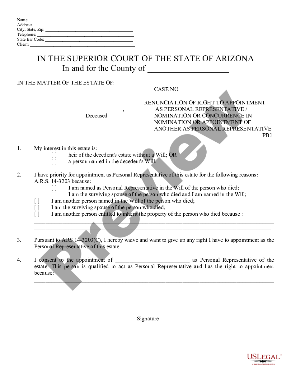 Arizona Renunciation Of Right To Appointment Of Personal Representative 