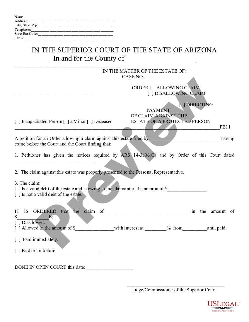 Arizona Order Allowing or Disallowing Claim Directing Claim | US Legal ...