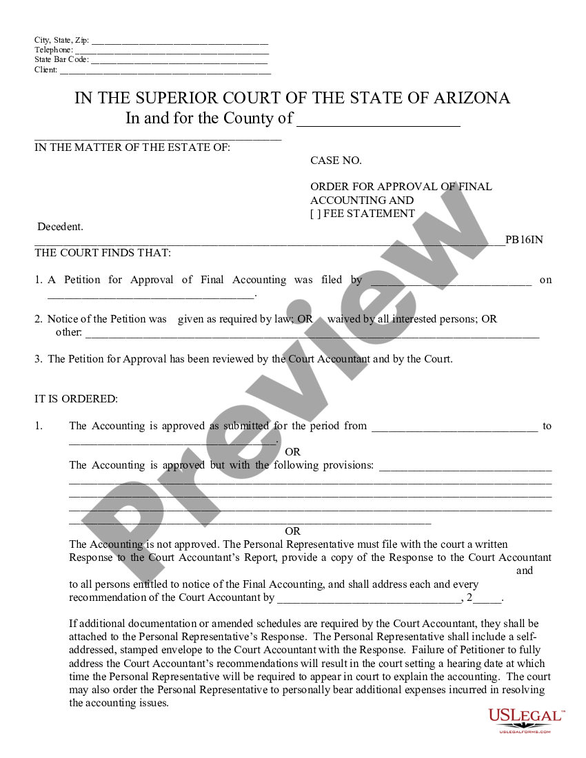 Arizona Petition for Approving of Final Accounting of Personal