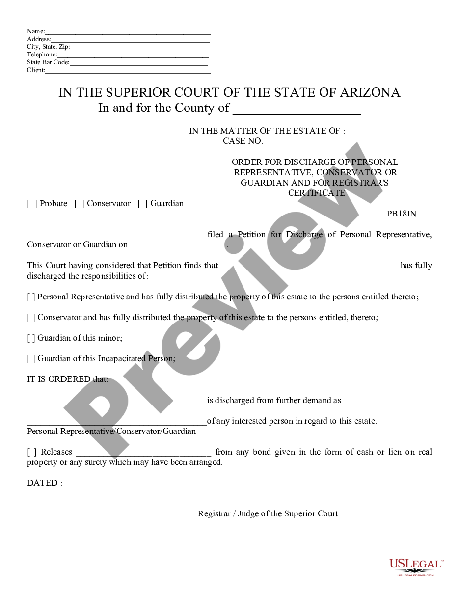 form Order for Discharge of Personal Representative, Conservator, or Guardian preview