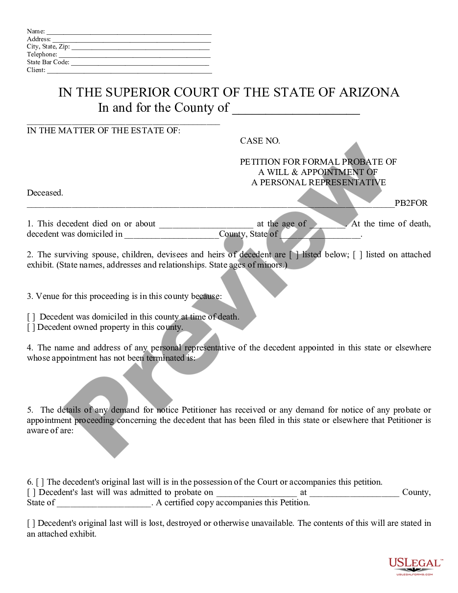 Mesa Arizona Petition for Formal Probate and Appointment of Personal