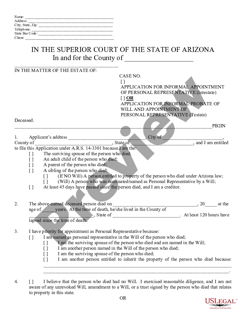 Arizona Application for Informal Probate of a Will and Appointment of