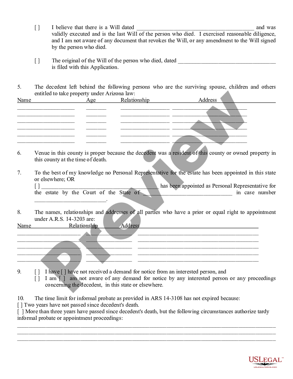 form Application for Informal Probate of a Will and Appointment of Personal Representative preview